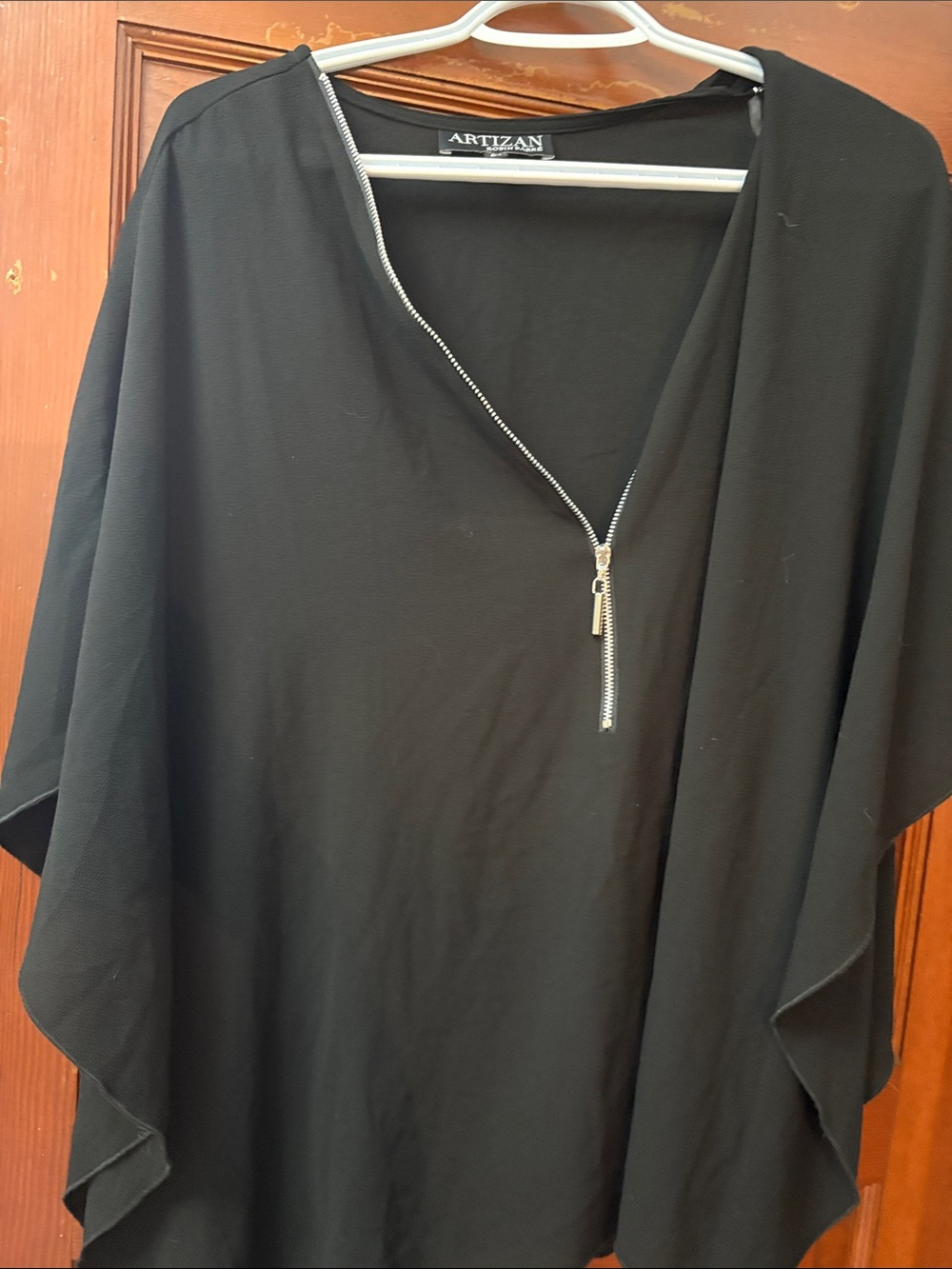 Black Zip-Front Draped Tunic Top